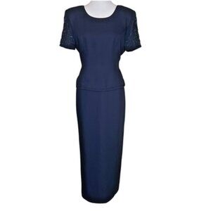 Vintage R&M Richards Navy Beaded Back Accent Mother of the Bride Dress Gown 8P